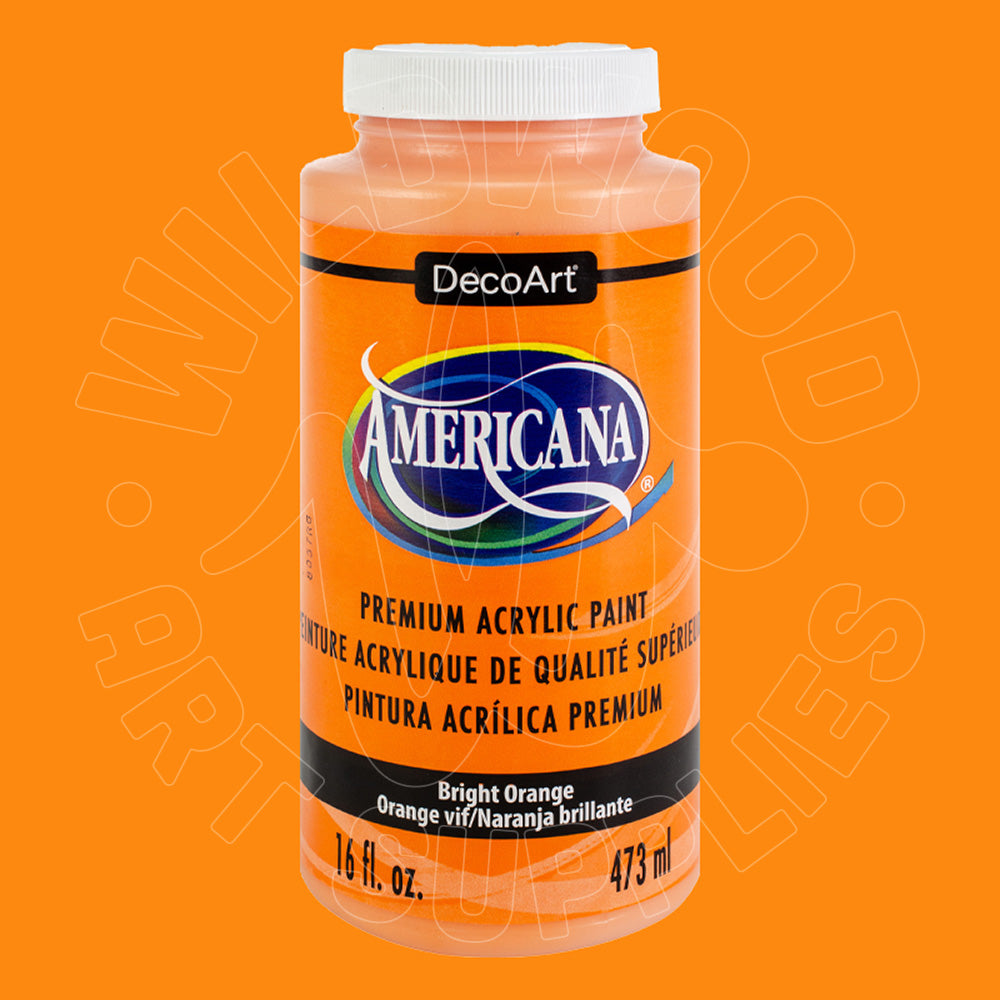 A bottle of DecoArt Americana Premium Acrylic Paint in the color Bright Orange, shown against a solid orange background.