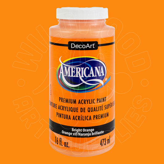 A bottle of DecoArt Americana Premium Acrylic Paint in the color Bright Orange, shown against a solid orange background.
