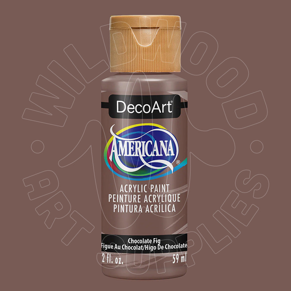 A bottle of DecoArt Americana acrylic paint in the shade Chocolate Fig, featuring a brown label and a light brown cap, set against a matching brown background with a faint watermark.
