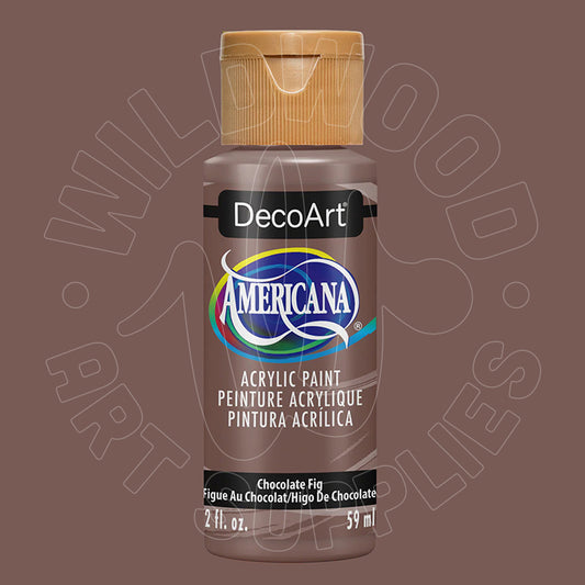 A bottle of DecoArt Americana acrylic paint in the shade Chocolate Fig, featuring a brown label and a light brown cap, set against a matching brown background with a faint watermark.