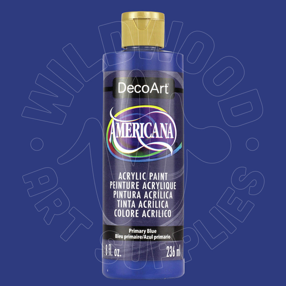 A bottle of DecoArt Americana Primary Blue acrylic paint with a gold cap, centered against a dark blue background with a faint watermark.