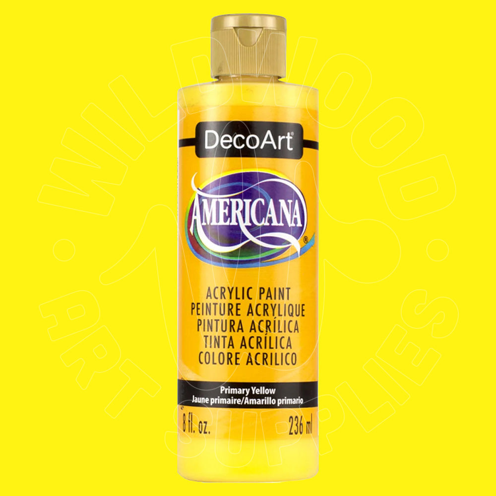 Bottle of DecoArt Americana acrylic paint in primary yellow on a yellow background