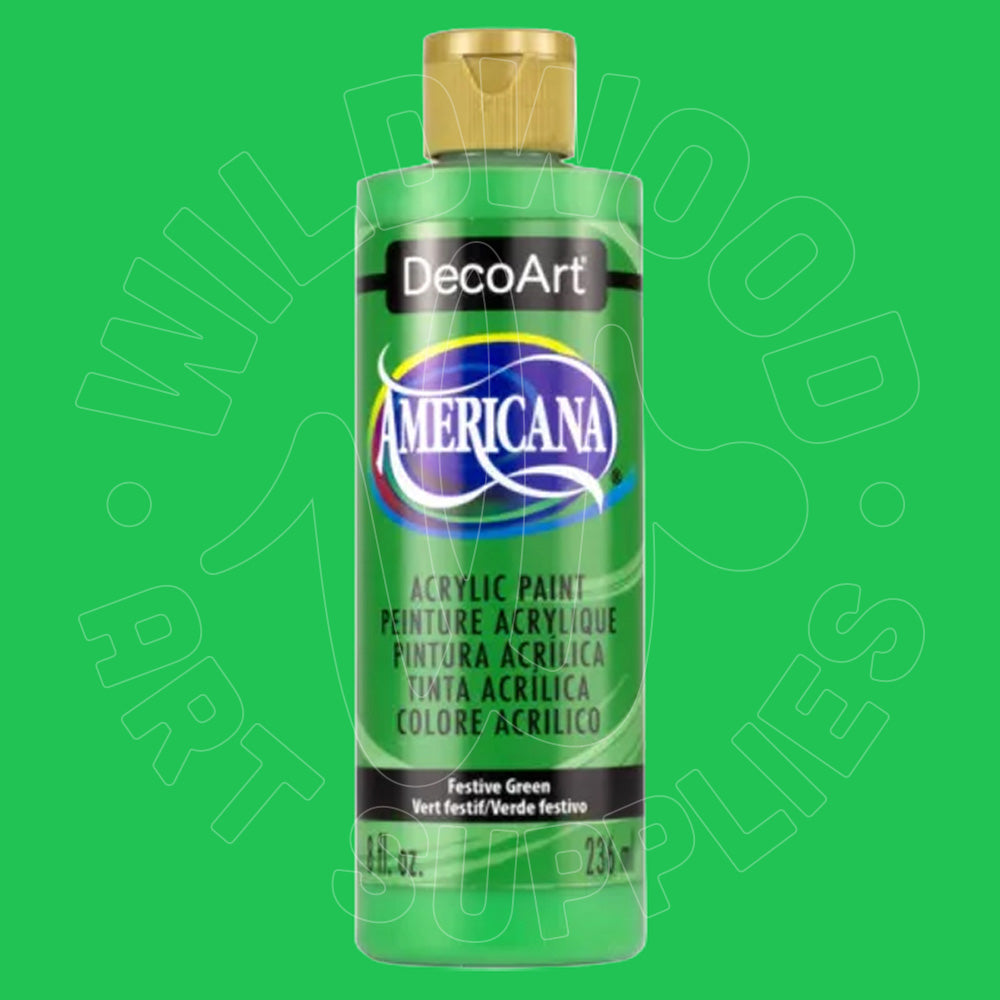 A bottle of DecoArt Americana Festive Green acrylic paint with a gold cap, centered on a bright green background with a faint watermark.