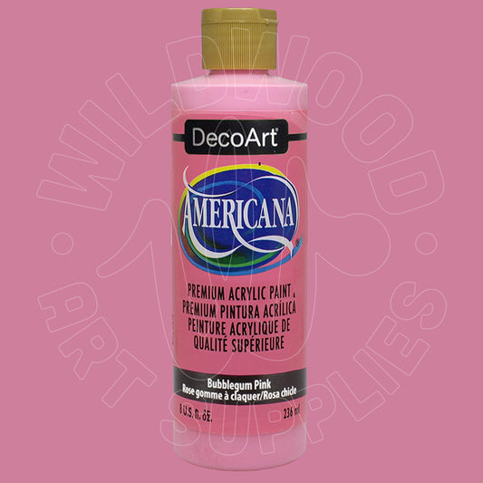 A bottle of DecoArt Americana Bubblegum Pink acrylic paint with a gold cap, set against a solid pink background with a faint watermark.