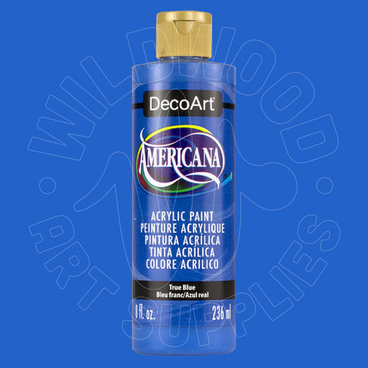 A bottle of DecoArt Americana acrylic paint in the color True Blue, featuring a gold cap and a blue-tinted bottle, set against a solid blue background with a faint watermark.