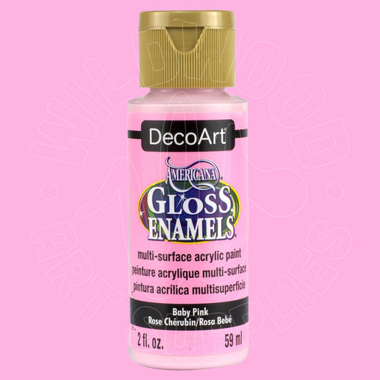 A bottle of DecoArt American Gloss Enamels acrylic paint in the shade Baby Pink, featuring a gold cap and pink label, set against a solid pink background.