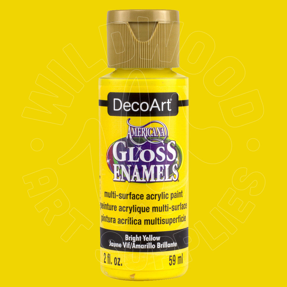 A bottle of DecoArt Gloss Enamel acrylic paint in the color Bright Yellow, featuring a gold cap and a yellow label with black and purple branding, set against a solid yellow background.