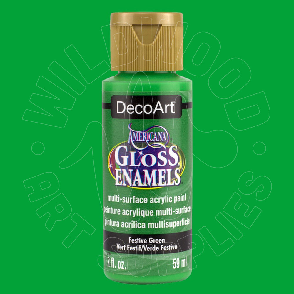 A bottle of DecoArt Americana Gloss Enamels in Festive Green, featuring a metallic gold cap and a green label, set against a solid green background with a faint watermark.