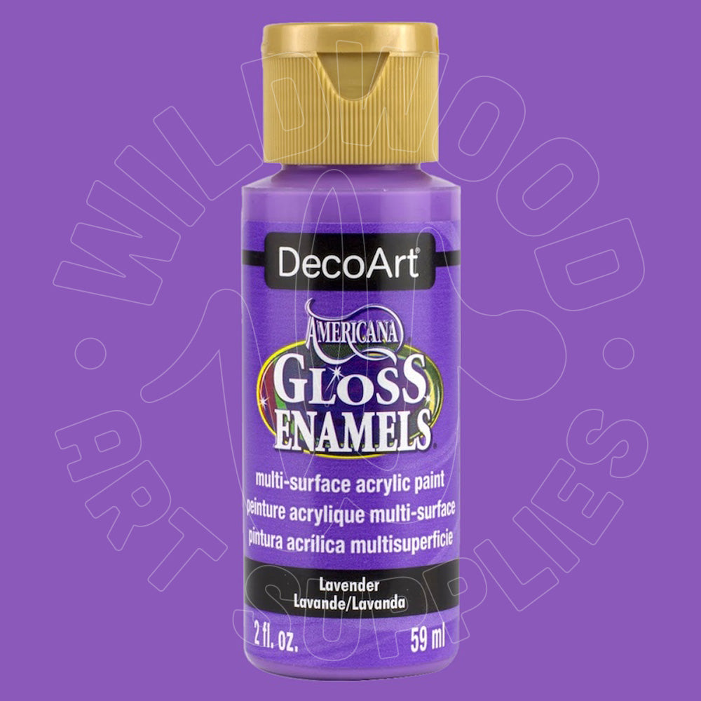 A bottle of DecoArt Americana Gloss Enamel paint in Lavender, featuring a purple body, gold cap, and black label accents on a solid purple background.