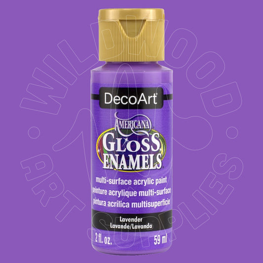 A bottle of DecoArt Americana Gloss Enamel paint in Lavender, featuring a purple body, gold cap, and black label accents on a solid purple background.