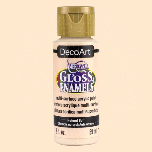 A bottle of DecoArt American Crafts Gloss Enamel paint in the shade Natural Buff, featuring a gold cap and a cream-colored label.