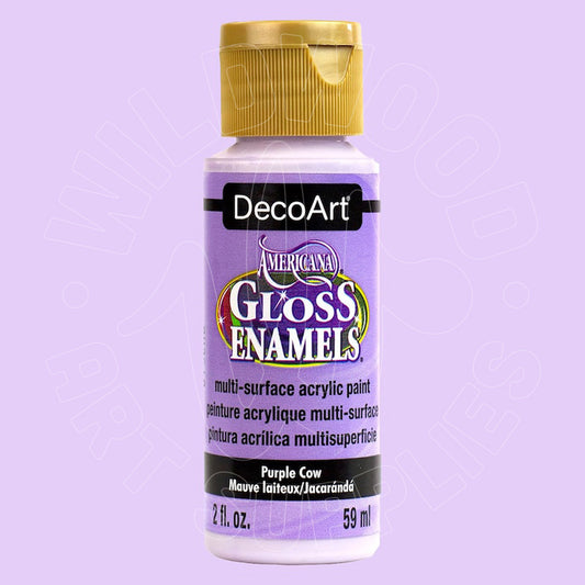 A bottle of DecoArt Americana Gloss Enamel paint in 'Purple Cow' with a gold cap, shown against a light purple background.