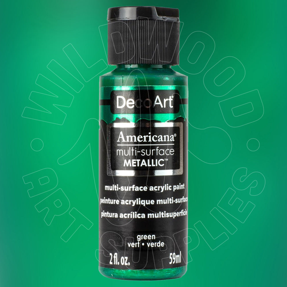 A bottle of DecoArt Americana multi-surface Metallic acrylic paint in the shade green, featuring a black cap and black label with white text, set against a solid green background.