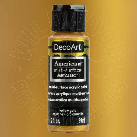 A bottle of DecoArt Americana multi-surface Metallic yellow gold acrylic paint, 2 fl. oz.