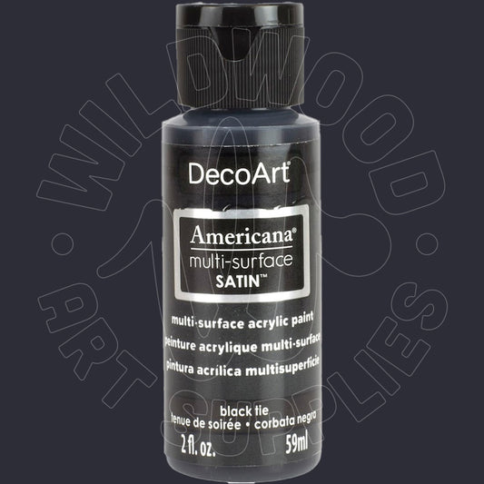 A bottle of DecoArt Americana multi-surface SATIN acrylic paint in the color black tie, shown against a dark gray background with a faint watermark.