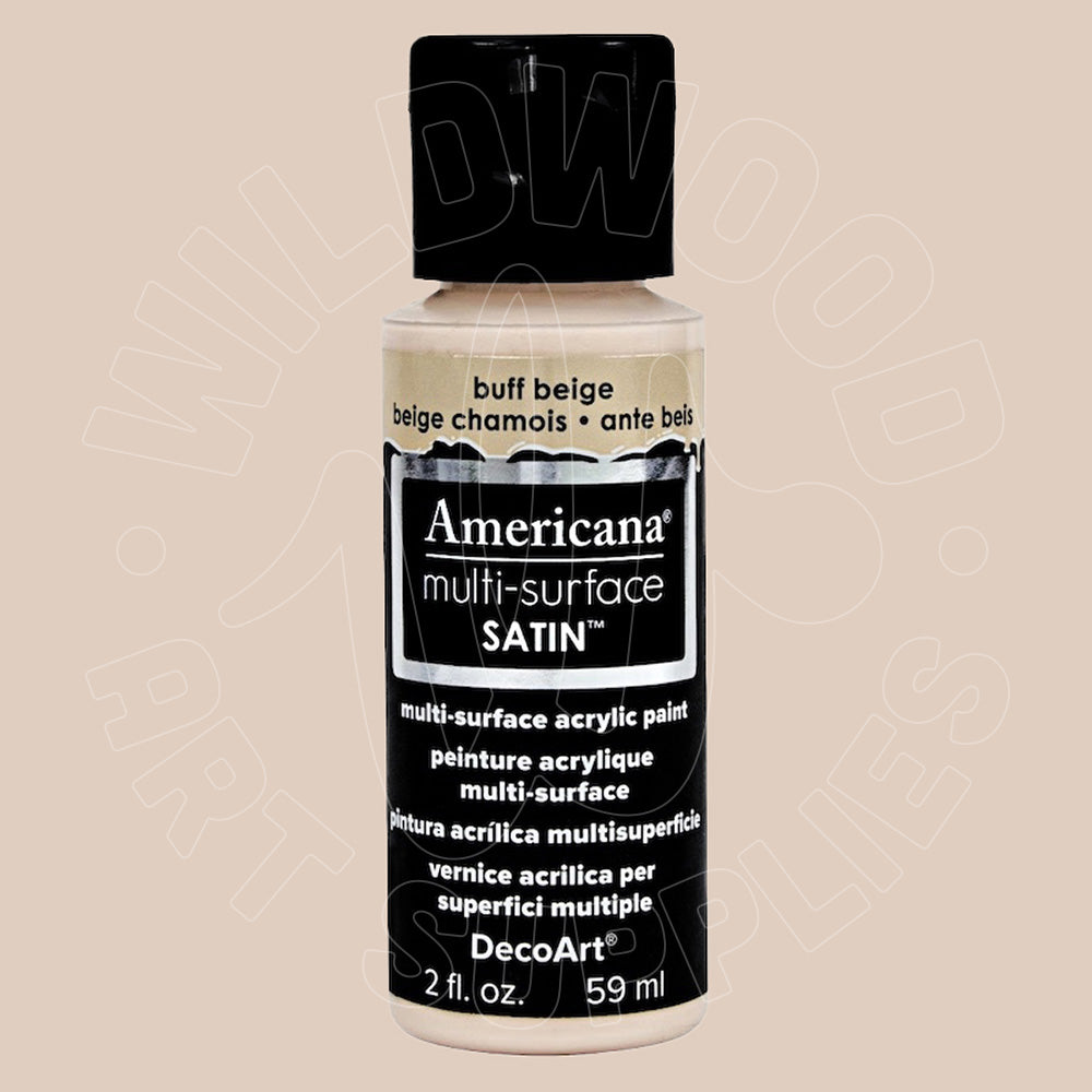 A bottle of DecoArt Americana multi-surface acrylic paint in the shade buff beige, featuring a black cap and a black label with white text.