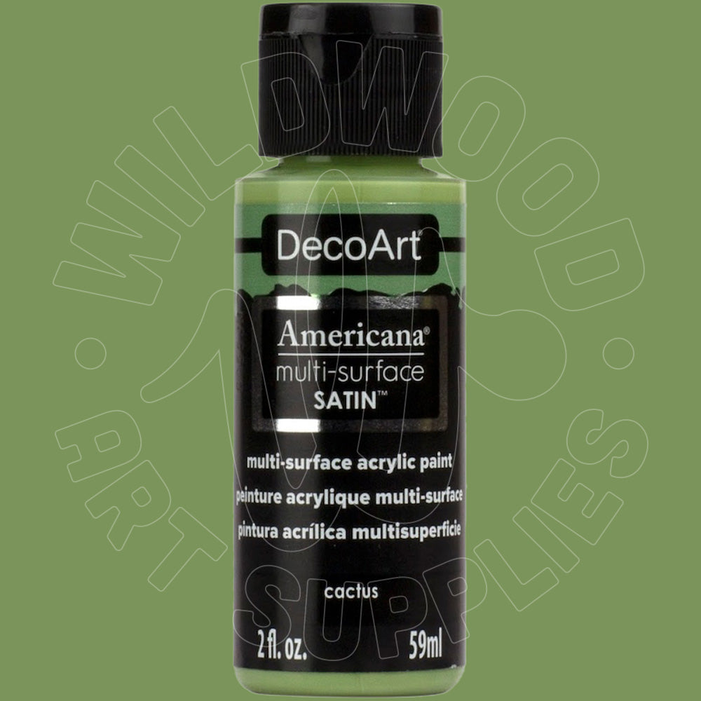 A bottle of DecoArt Americana multi-surface SATIN acrylic paint in the color cactus, featuring a black cap and black label with white text, set against a solid sage green background.