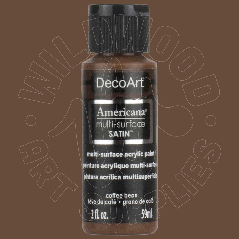 A bottle of DecoArt Americana multi-surface SATIN acrylic paint in the color 'coffee bean' against a solid brown background.