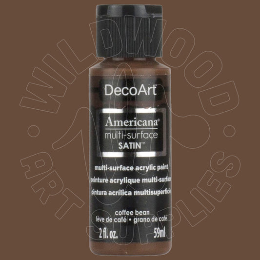 A bottle of DecoArt Americana multi-surface SATIN acrylic paint in the color 'coffee bean' against a solid brown background.