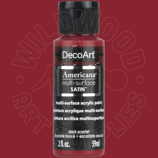 A bottle of DecoArt Americana multi-surface SATIN acrylic paint in the color 'dark scarlet'. The paint inside is visible through the clear bottle as a deep red shade.