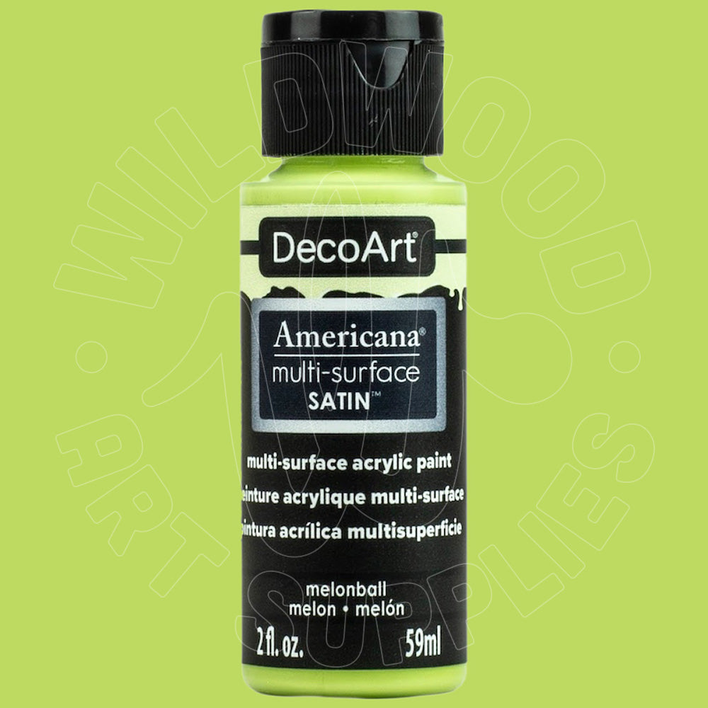A bottle of DecoArt Americana multi-surface satin acrylic paint in the color melonball, shown against a solid light green background.