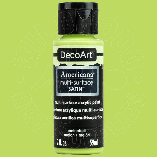 A bottle of DecoArt Americana multi-surface satin acrylic paint in the color melonball, shown against a solid light green background.