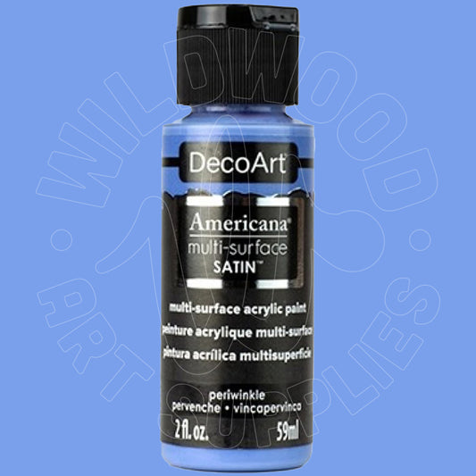 A bottle of DecoArt Americana multi-surface satin acrylic paint in the color Periwinkle, shown against a solid blue background with a faint watermark.