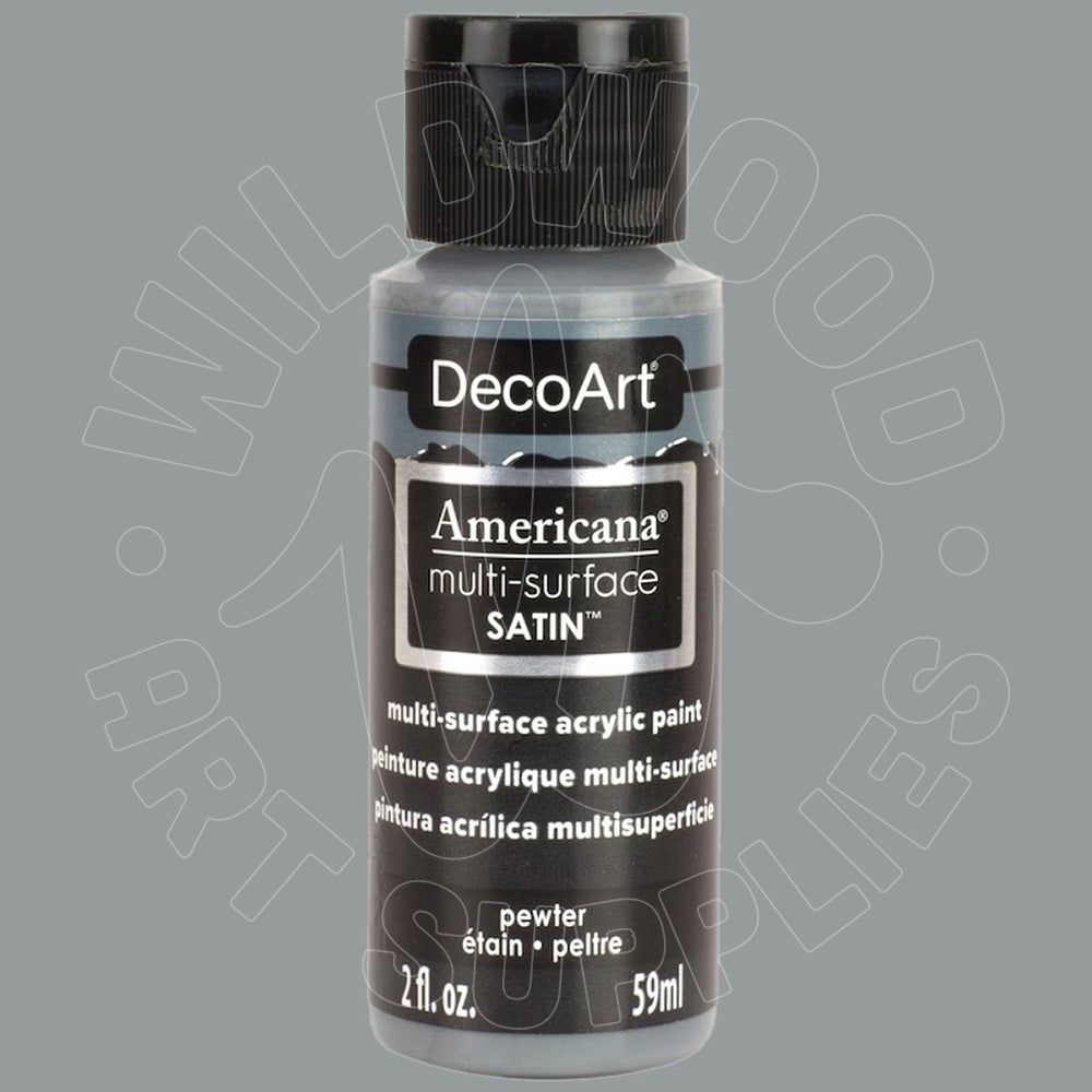 A bottle of DecoArt Americana multi-surface SATIN acrylic paint in the color pewter, shown against a solid gray background with a faint watermark.