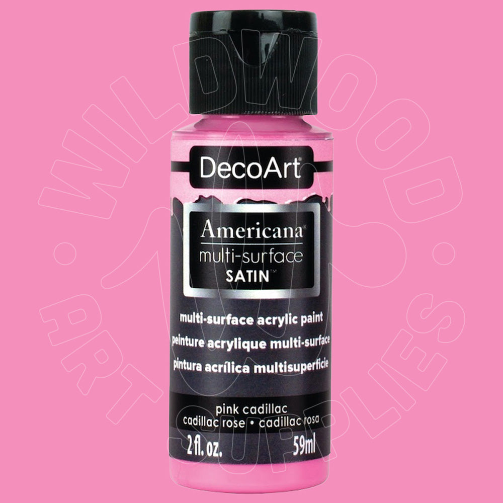 A bottle of DecoArt Americana multi-surface satin acrylic paint in pink cadillac, shown against a solid pink background.