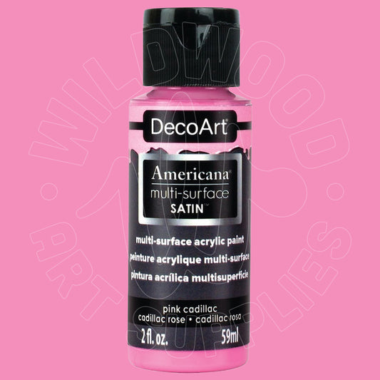 A bottle of DecoArt Americana multi-surface satin acrylic paint in pink cadillac, shown against a solid pink background.