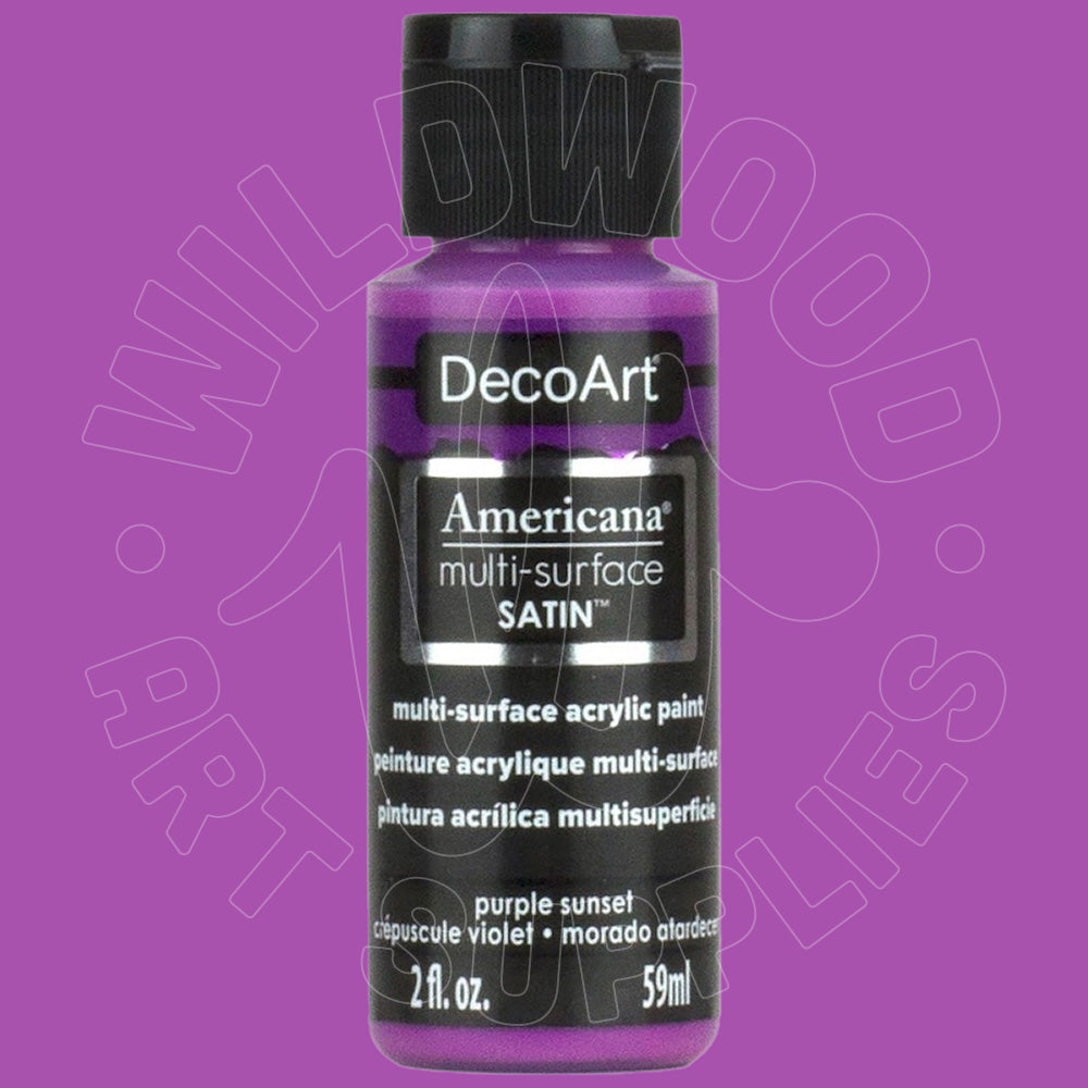 A bottle of DecoArt Americana multi-surface satin acrylic paint in the color 'purple sunset', shown against a solid purple background with a faint watermark.