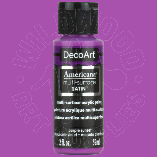 A bottle of DecoArt Americana multi-surface satin acrylic paint in the color 'purple sunset', shown against a solid purple background with a faint watermark.