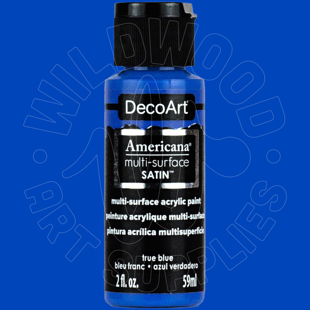 A 59ml bottle of DecoArt Americana multi-surface satin acrylic paint in 'true blue', shown against a solid blue background with a faint watermark.