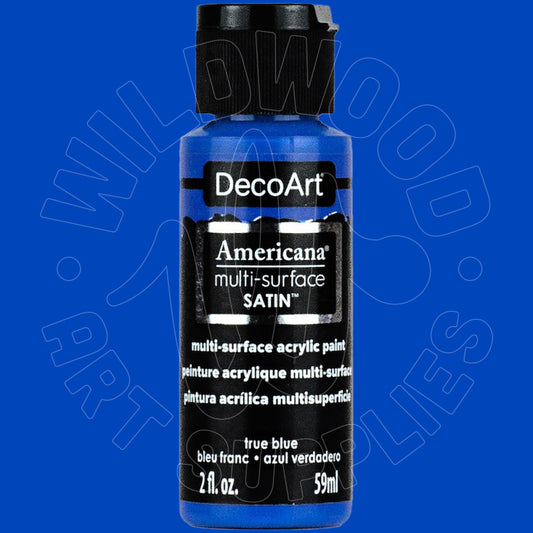 A 59ml bottle of DecoArt Americana multi-surface satin acrylic paint in 'true blue', shown against a solid blue background with a faint watermark.