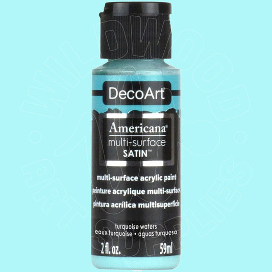 A bottle of DecoArt Americana multi-surface satin acrylic paint in the color 'turquoise waters', featuring a turquoise blue paint visible through the clear bottle and a black cap and label.