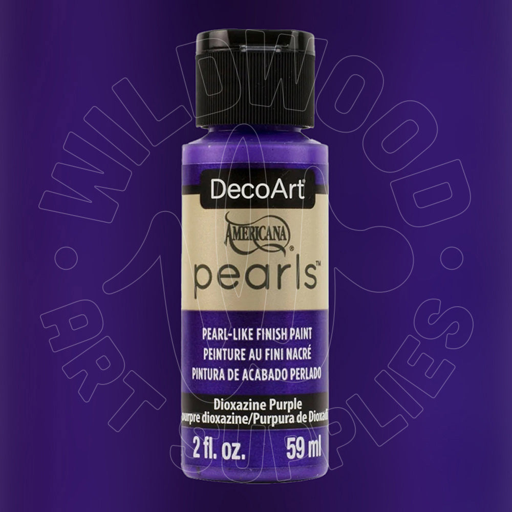 A bottle of DecoArt Americana Pearls Pearl-Like Finish Paint in Dioxazine Purple, shown against a matching purple background with a faint watermark.