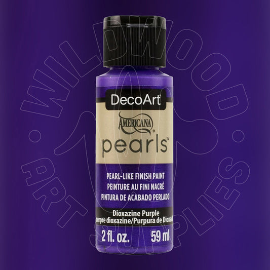 A bottle of DecoArt Americana Pearls Pearl-Like Finish Paint in Dioxazine Purple, shown against a matching purple background with a faint watermark.