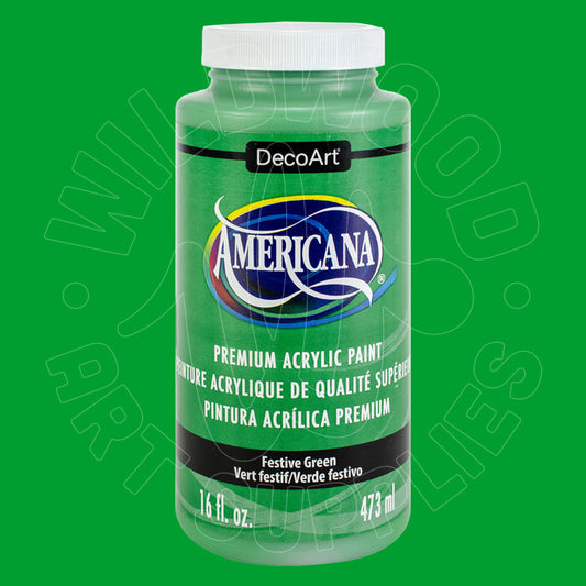 A bottle of DecoArt Americana Premium Acrylic Paint in the color Festive Green, shown against a solid green background.