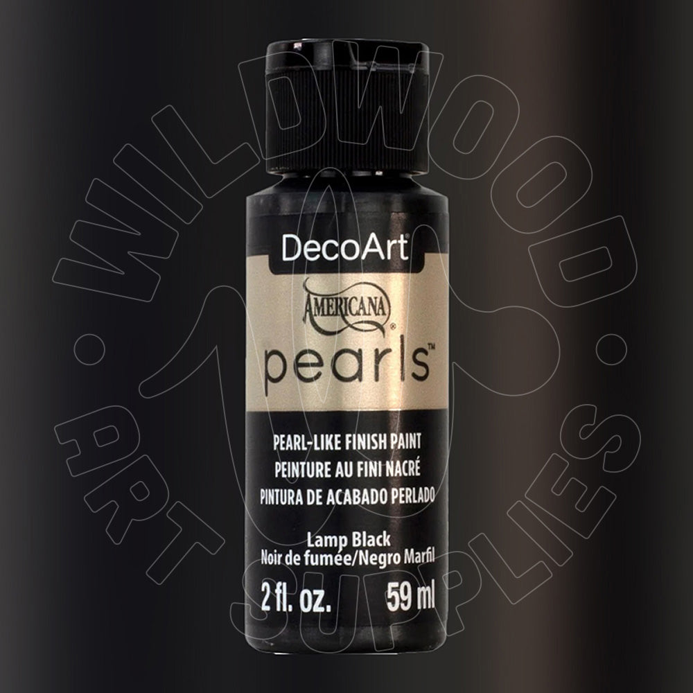 A bottle of DecoArt Americana Pearls Lamp Black pearl-like finish paint, 2 fl. oz.