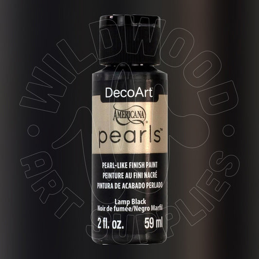 A bottle of DecoArt Americana Pearls Lamp Black pearl-like finish paint, 2 fl. oz.
