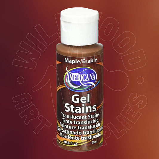 A bottle of Americana Gel Stains in the Maple/Erable color line, featuring a brown translucent gel stain inside a clear bottle with a white cap, set against a dark red gradient background with a faint watermark.