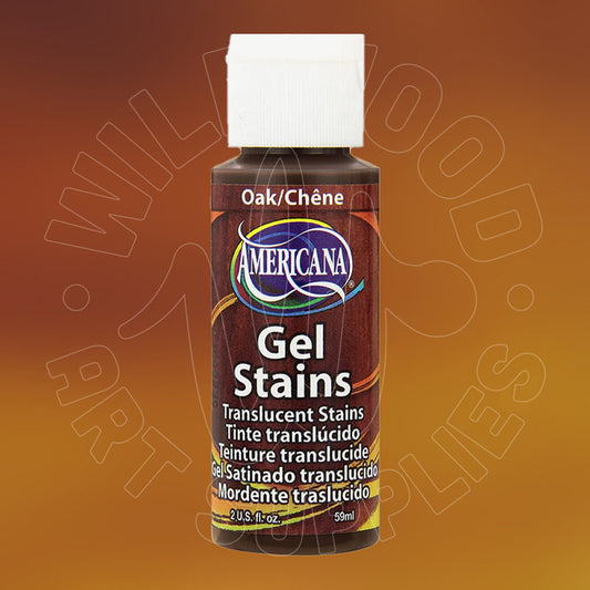 A bottle of Americana Gel Stains in the Oak/Chène colorway, featuring a white cap and a dark brown label with blue and yellow accents, set against a warm brown gradient background.