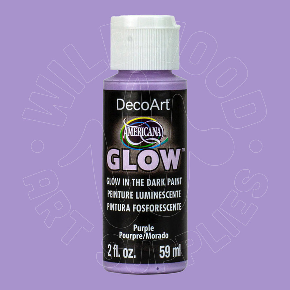 A bottle of DecoArt Americana Glow in the Dark Paint in Purple, featuring a black label with white and purple text and a white cap, set against a solid purple background.
