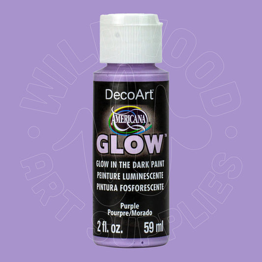A bottle of DecoArt Americana Glow in the Dark Paint in Purple, featuring a black label with white and purple text and a white cap, set against a solid purple background.