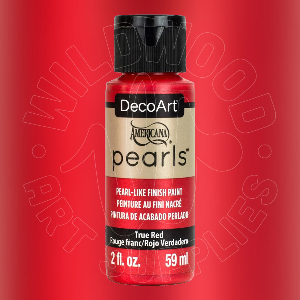 A bottle of DecoArt Americana Pearls True Red pearl-like finish paint, 2 fl. oz.