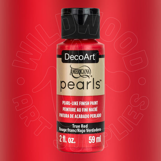 A bottle of DecoArt Americana Pearls True Red pearl-like finish paint, 2 fl. oz.